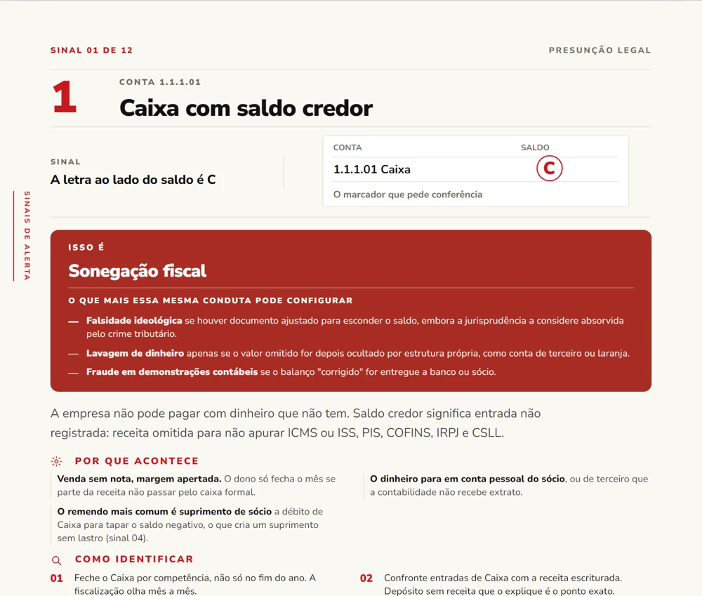 Página de sinal do material, com balancete, o que o sinal configura e como identificar